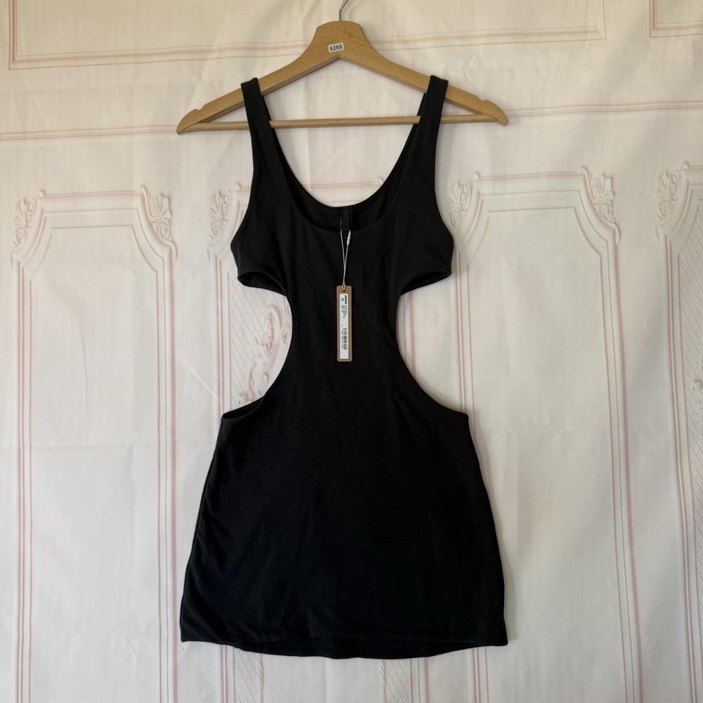 SKIMS Cotton Jersey Cut-Out Bodycon Mini Dress In Soot Black Size XS NWT $84